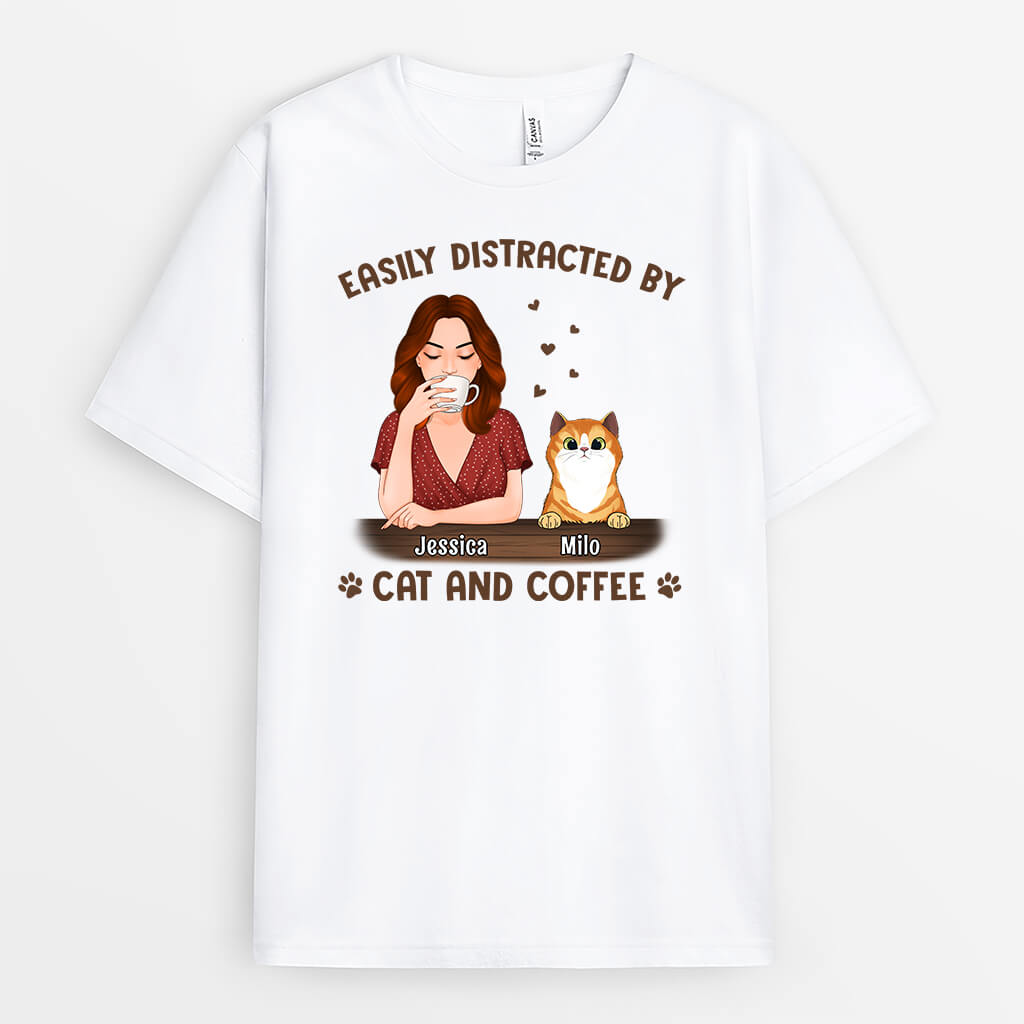 Personalised Easily Distracted By Coffee And Cat T-Shirt