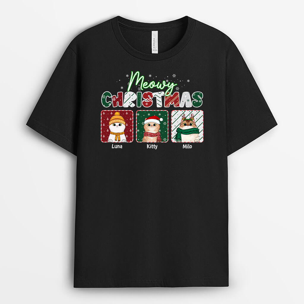 1358AUK1 personalised meowy christmas t shirt