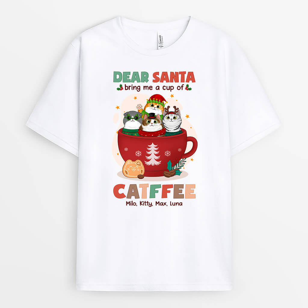 1424AUK2 personalised dear santa bring me catfee t shirt
