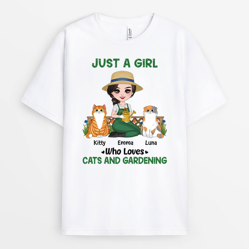 1859AUK1 personalised just a woman who loves cats and gardening t shirt