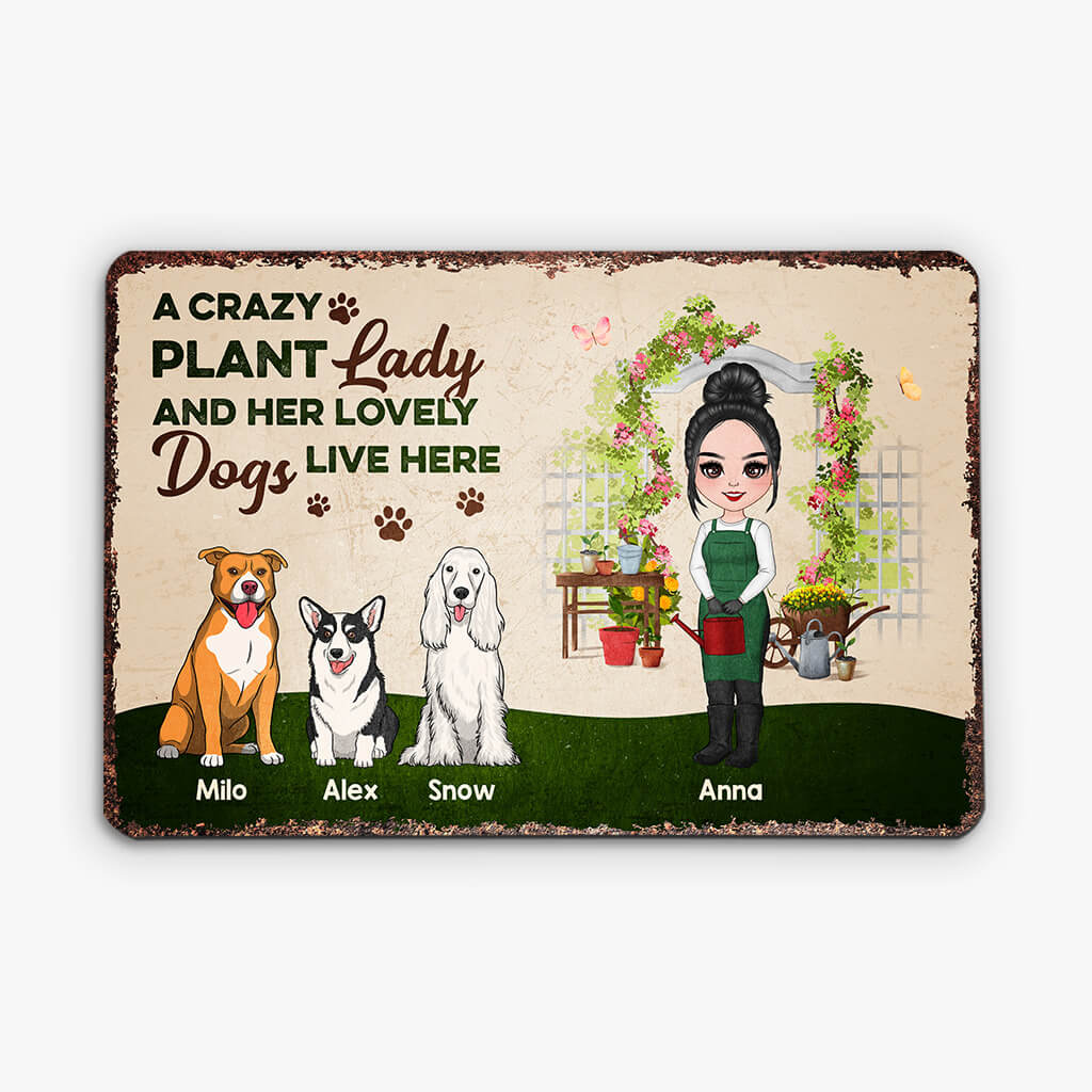 1863EUK2 personalised a crazy plant lady and her lovely dogs metal sign