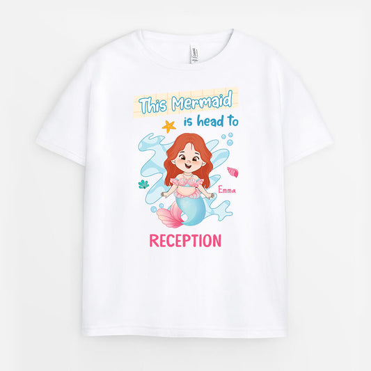 2599AUK1 this mermaid is head to reception personalised t shirt for kids