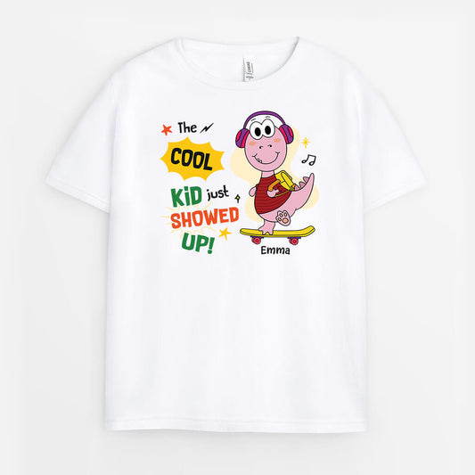 2604AUK1 the cool kids just show up personalised t shirt for kids with dinosaur