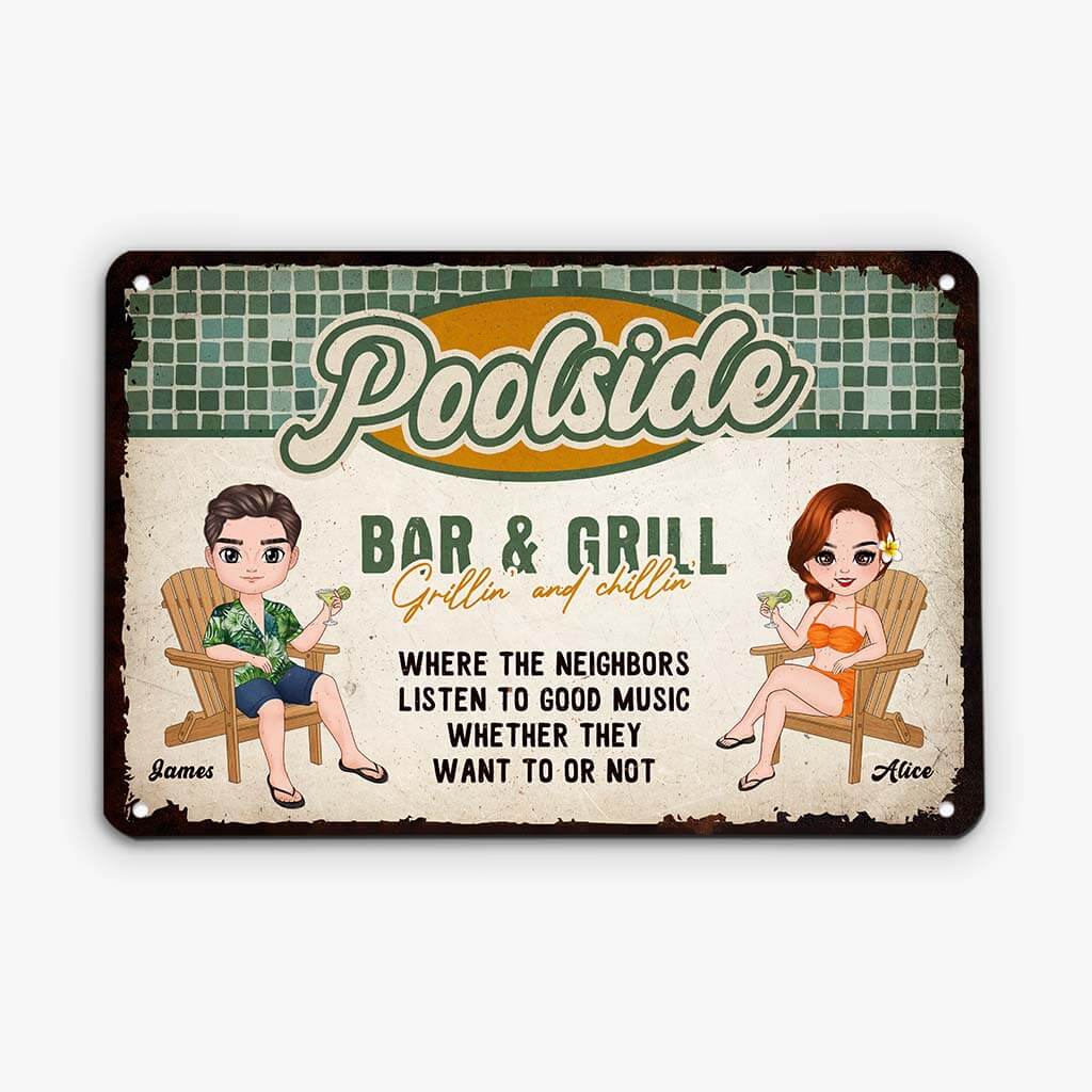 2632EUK1 poolside bar and grill personalised metal sign for couple and family