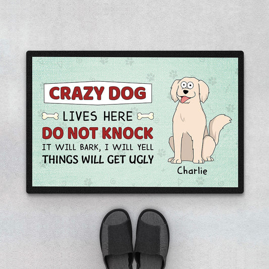 2642DUK1 crazy dog lives here doormat personalised gifts for dog owners