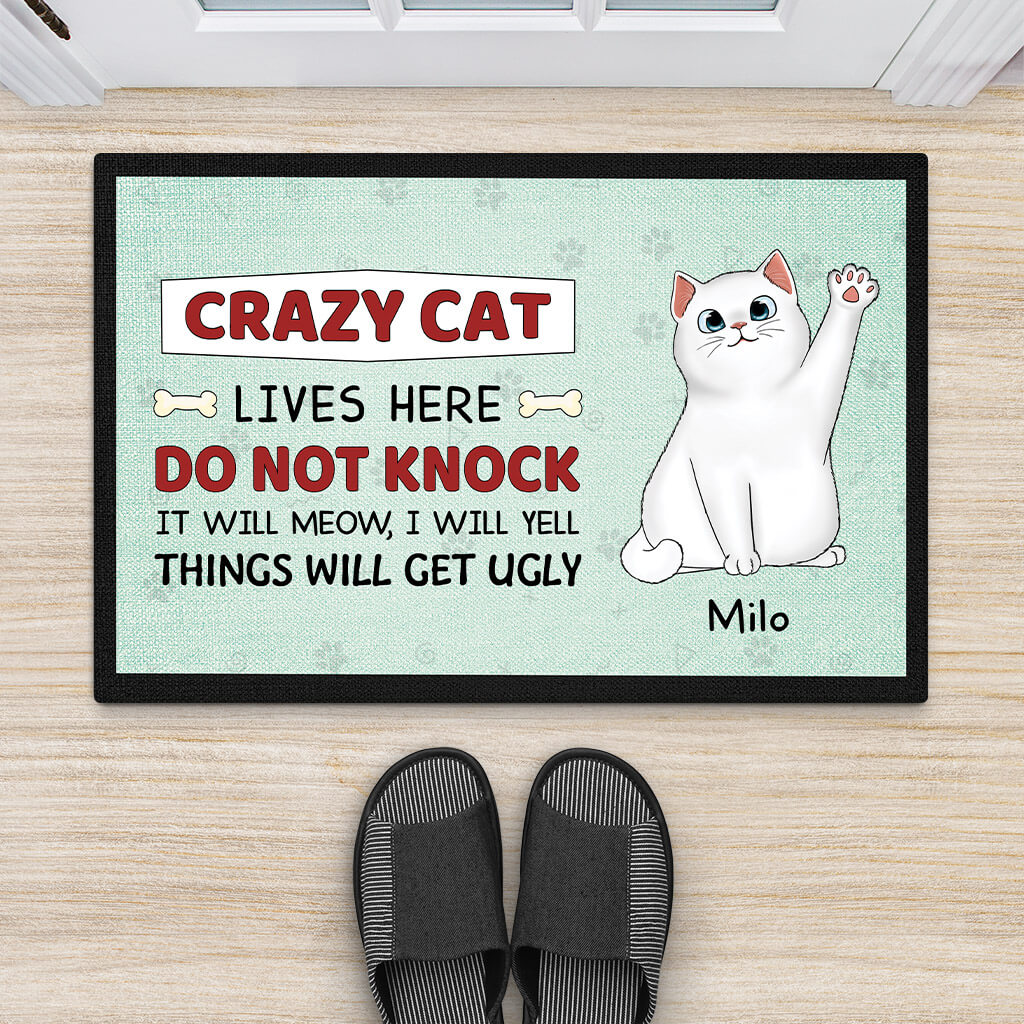 2642DUK2 crazy cat lives here doormat personalised gifts for cat owners