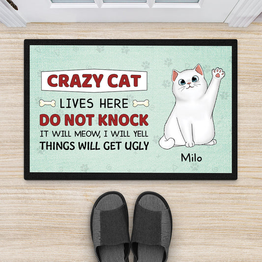 2642DUK2 crazy cat lives here doormat personalised gifts for cat owners