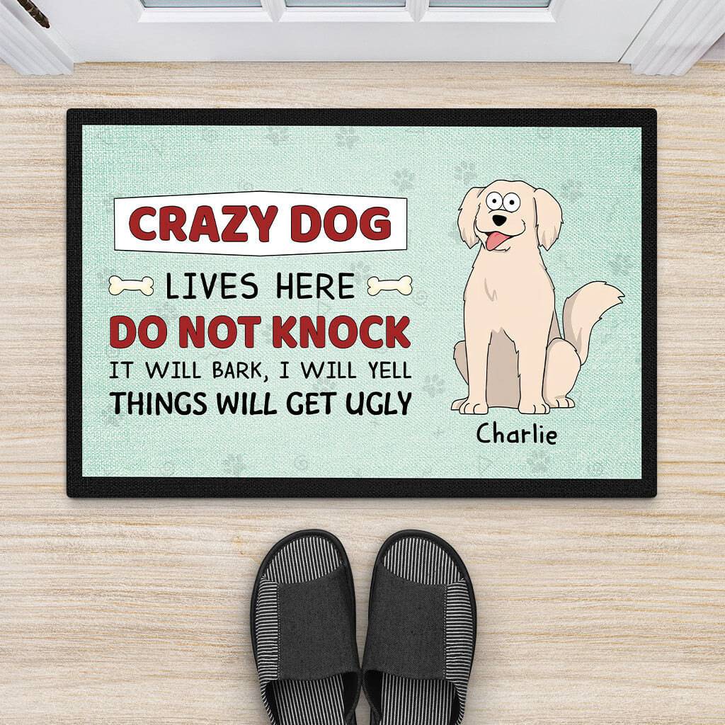 2642DUK2 crazy dog lives here doormat personalised gifts for dog owners