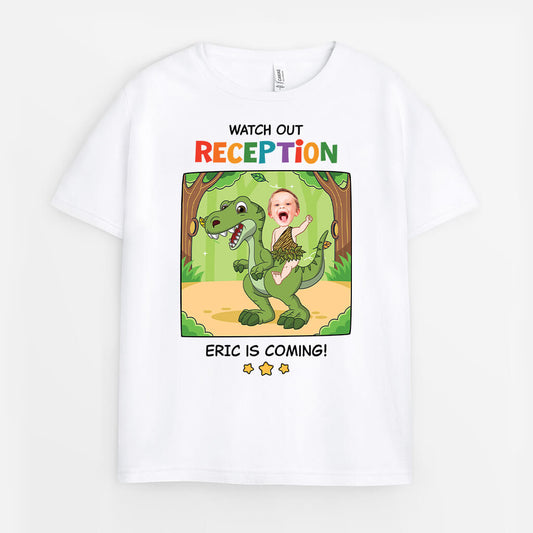 2662AUK1 watch out reception dinosaur theme custom kids t shirt