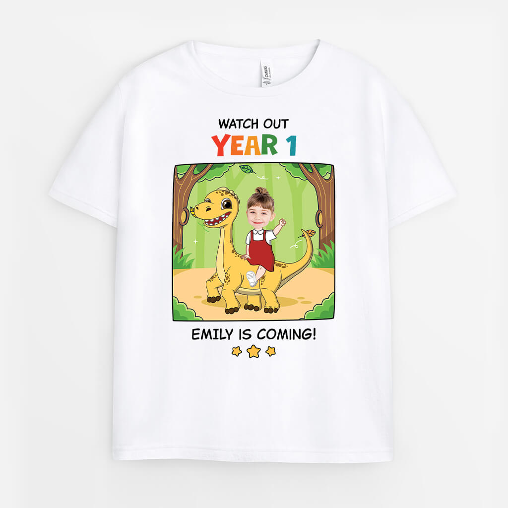 2662AUK3 watch out reception dinosaur theme custom kids t shirt