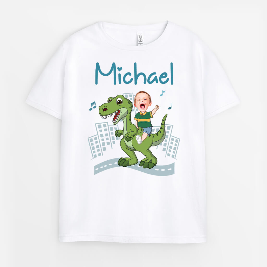 2671AUK1 kid boy riding a dinosaur custom tee shirts for boys