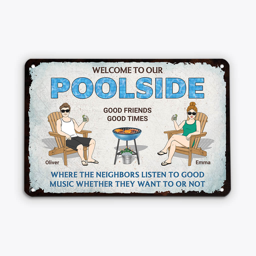 2678EUK1 welcome to our poolside custom metal signs uk for couple
