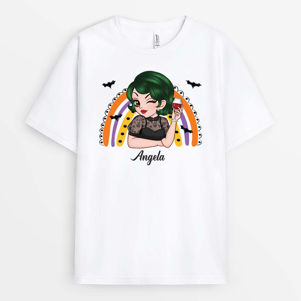 2767AUK1 a woman with halloween rainbow t shirt personalised halloween gifts for her