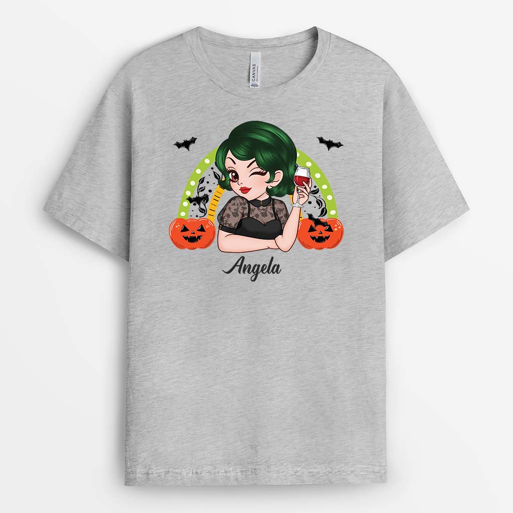 2767AUK2 a woman with halloween rainbow t shirt personalised halloween gifts for her