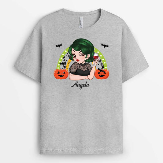 2767AUK2 a woman with halloween rainbow t shirt personalised halloween gifts for her