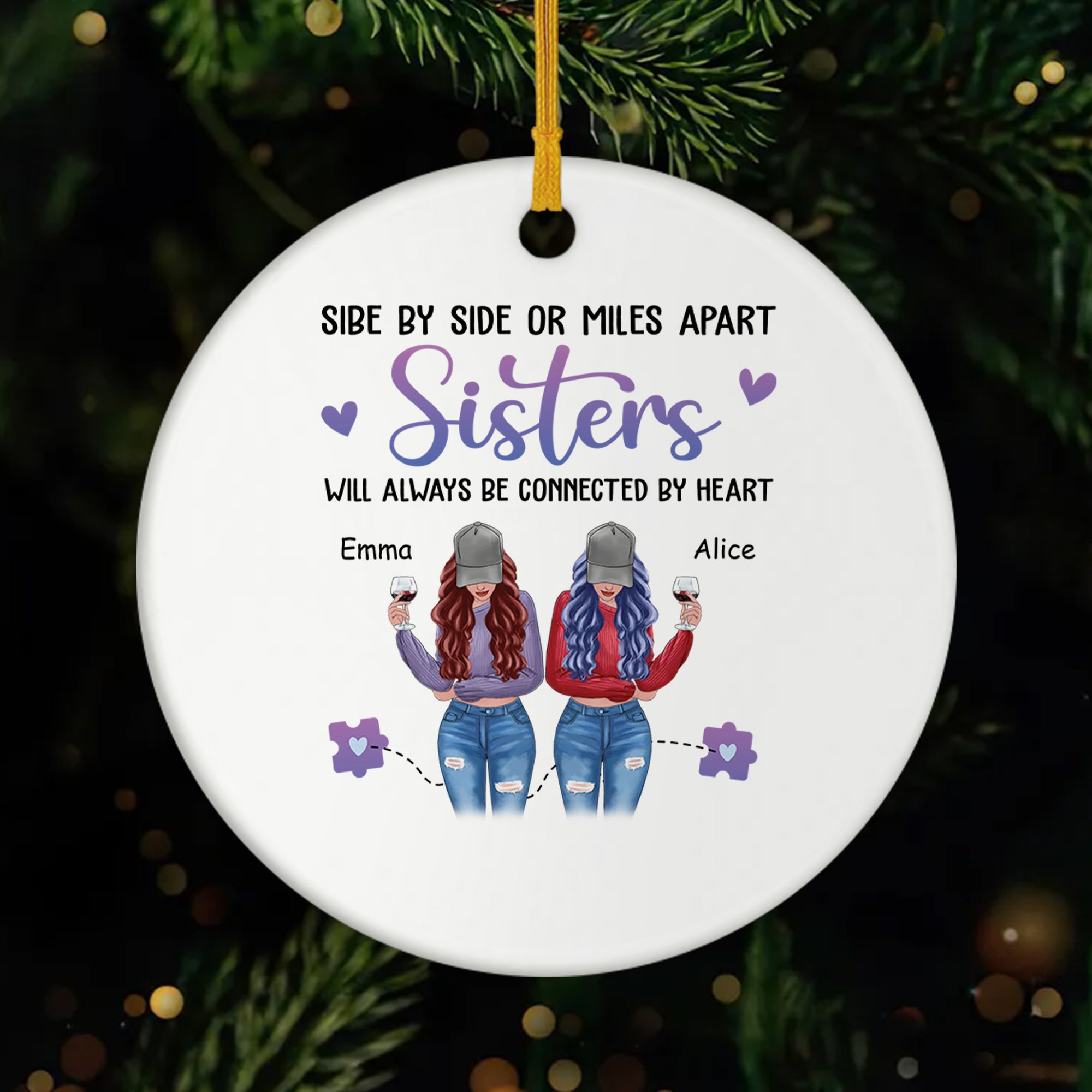 2822OUK1 personalised sisters connected by heart christmas ceramic ornament 2822O8Z5E