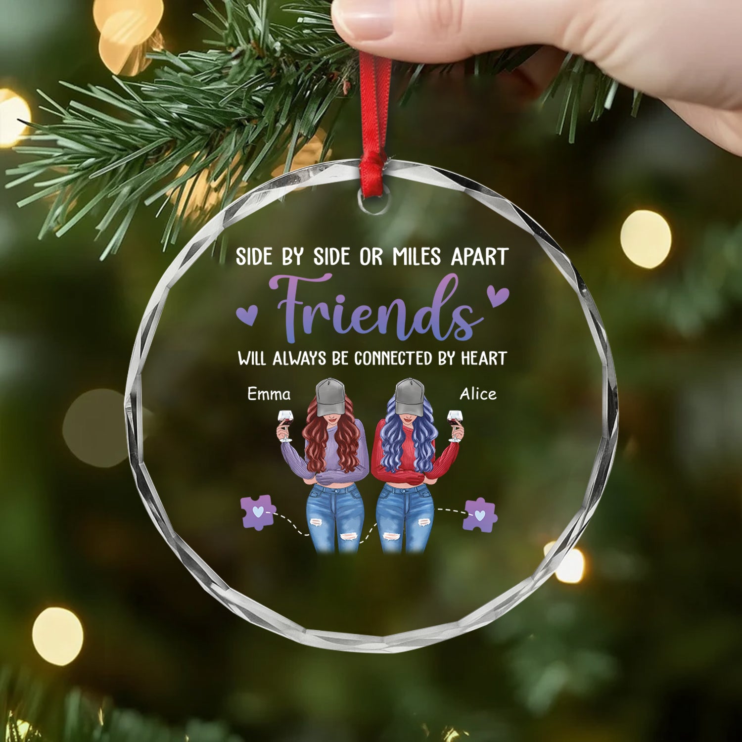 2822OUK2 personalised sisters connected by heart christmas glass ornament 2822O8Z5E