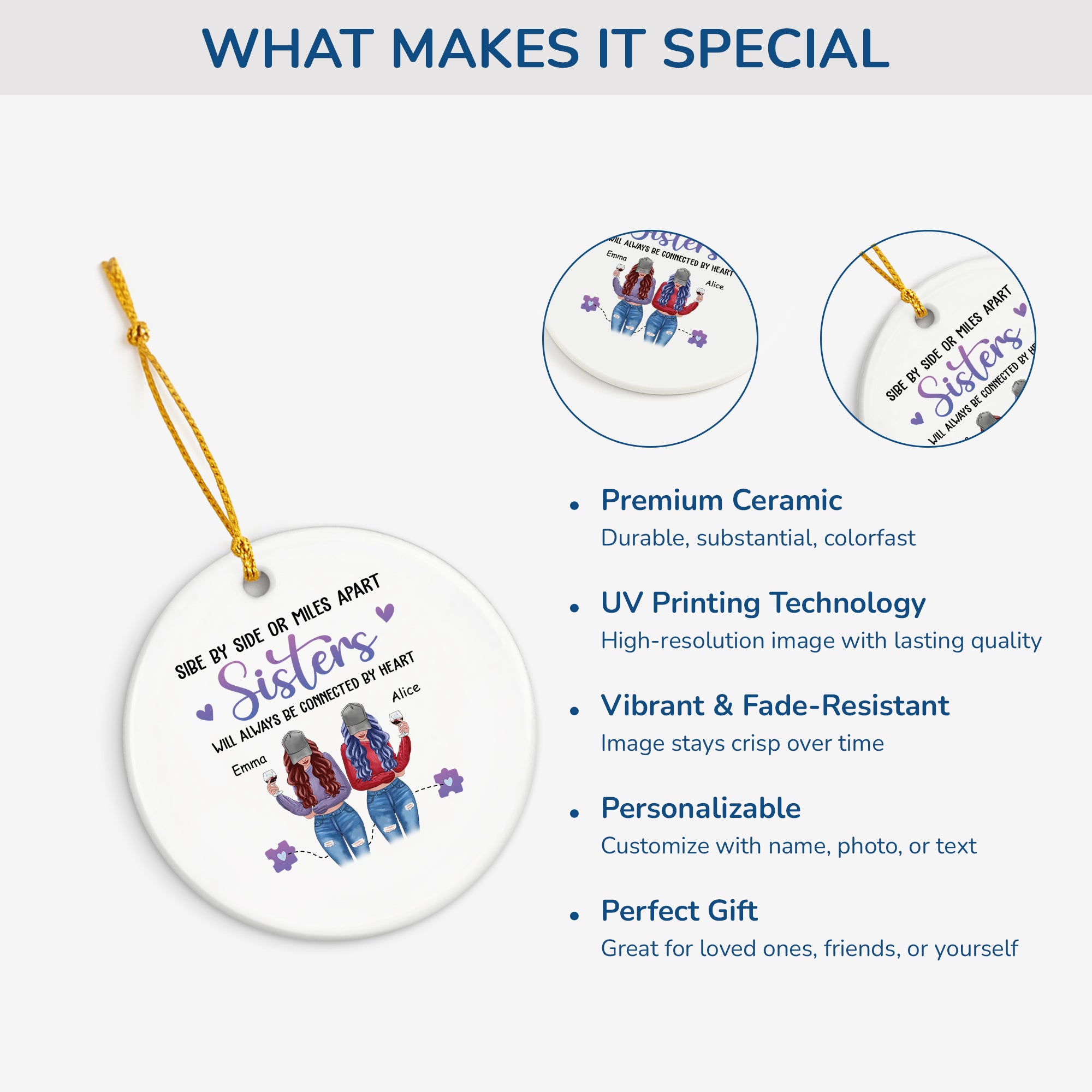 2822OUK4 personalised sisters connected by heart christmas ceramic ornament 2822O8Z5E