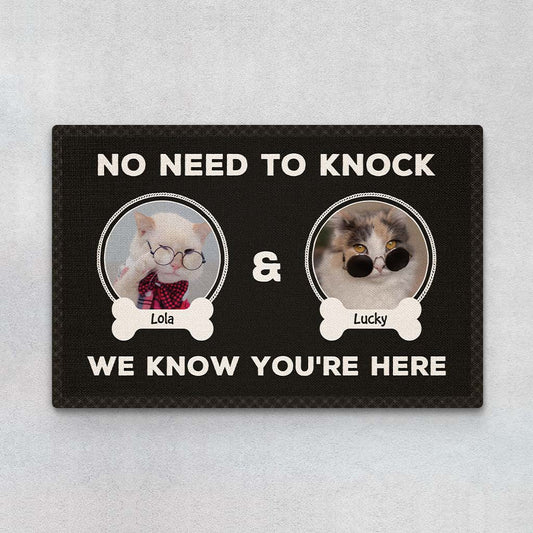 2892DUK1 no need to knock i know youre here personalised cat doormat