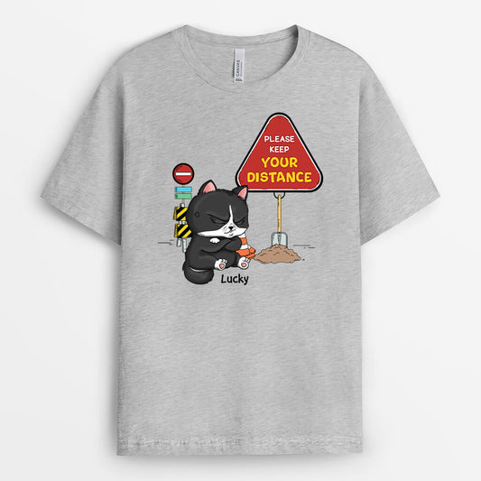 2967AUK1 please keep your distance personalised t shirt for cat lovers funny