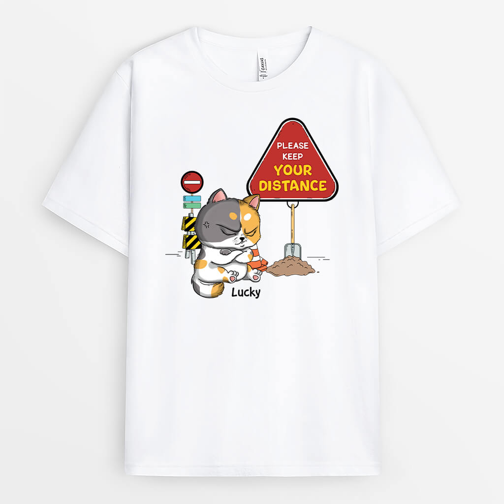 2967AUK2 please keep your distance personalised t shirt for cat lovers funny
