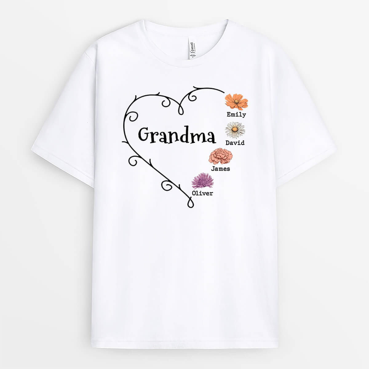 3043AUK1 grandma heart retro flowers personalised t shirt for grandma