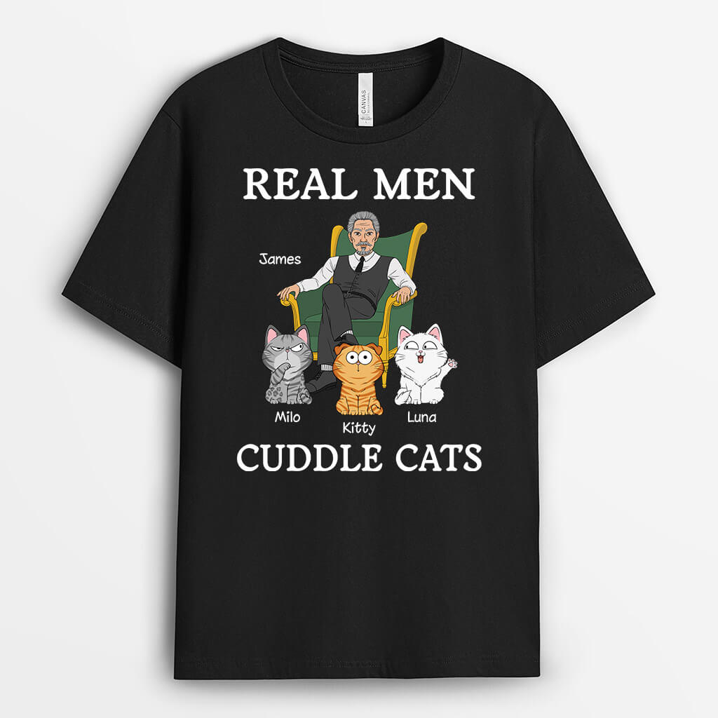 3189AUK2 real men cuddle cats t shirt personalised presents for cat lovers