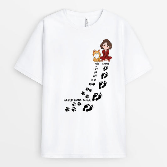 3228AUK1 never walk alone girl and cat customised t shirt for cat lovers uk