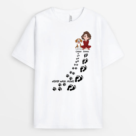 3228AUK1 never walk alone girl and dog customised t shirt for dog lovers uk