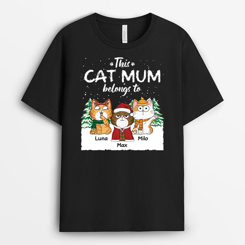 3322AUK1 personalised this cat mum belongs to snow design t shirt christmas gifts for her