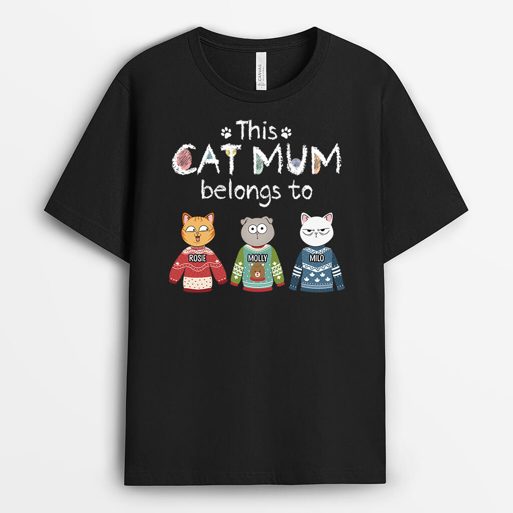 3374AUK1 this cat mum belongs to christmas theme t shirt personalised gifts for her