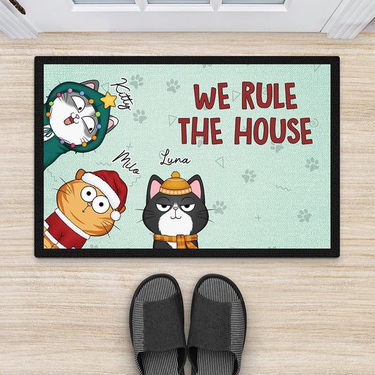 3475DUK2 xmas we rule the house doormat personalised gifts for cat lovers