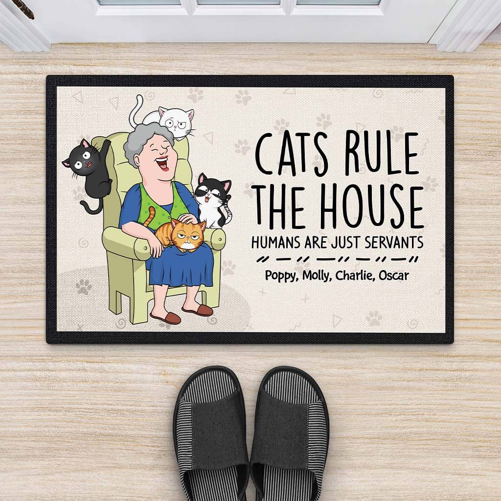 3484DUK2 cat rules the house doormat personalised gifts for cat dad