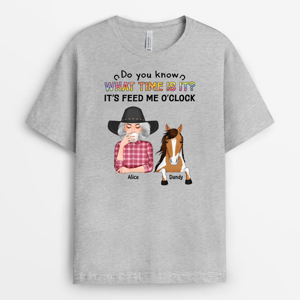 3507AUK2 its feed me oclock funny t shirt personalised for horse lovers