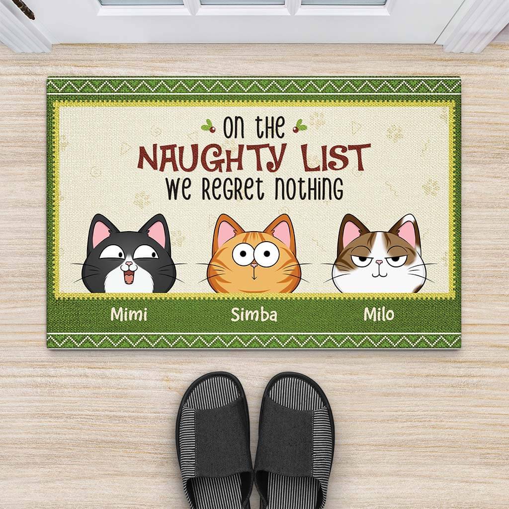 3516DUK2 on the naughty list we regret nothing christmas doormat personalised gits for cat lovers