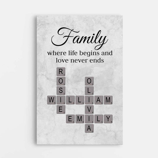 3591CUK1 family where life begins and love never ends  custom crossword canvas print