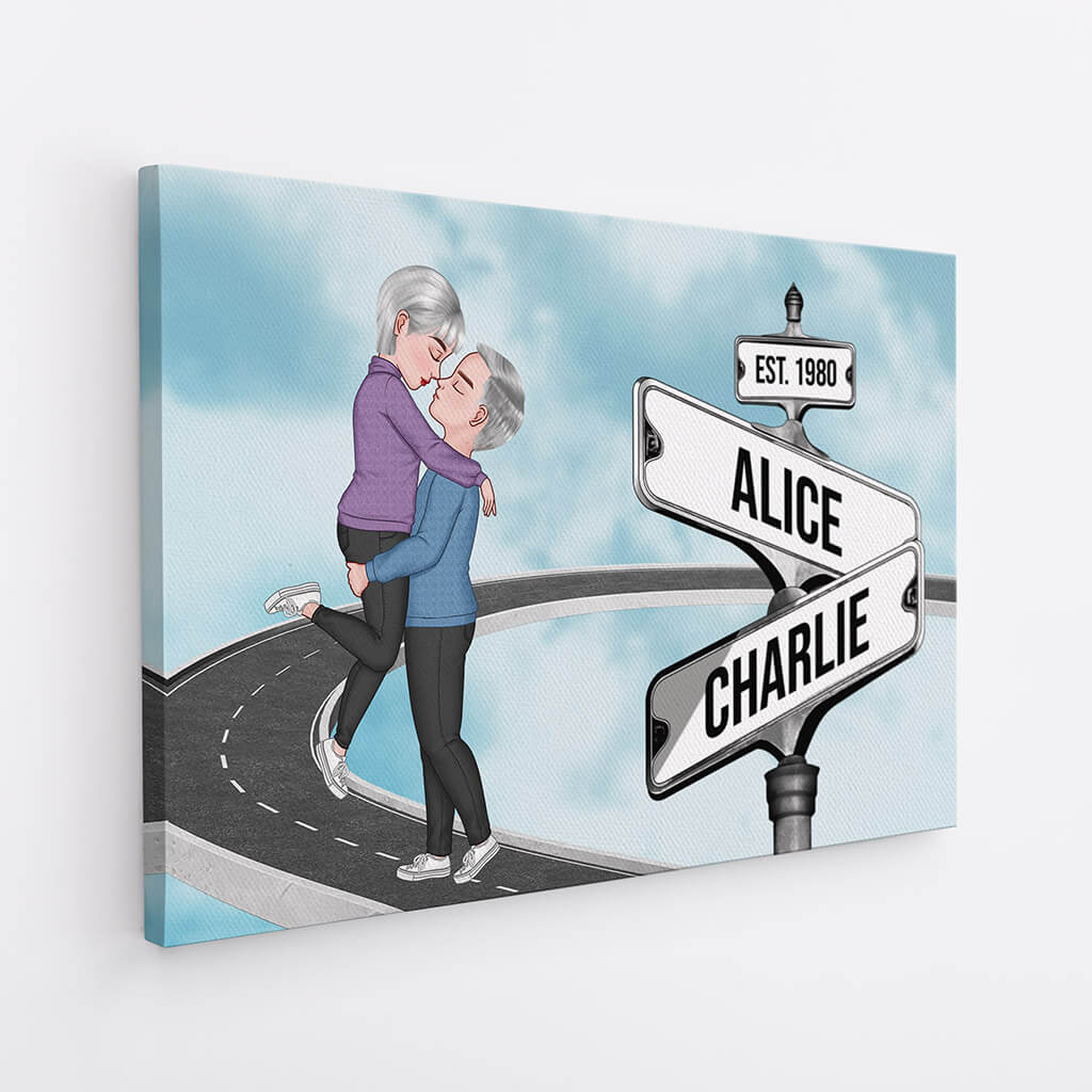 3699CUK2 vintage street sign couple kissing canvas personalised presents for couples