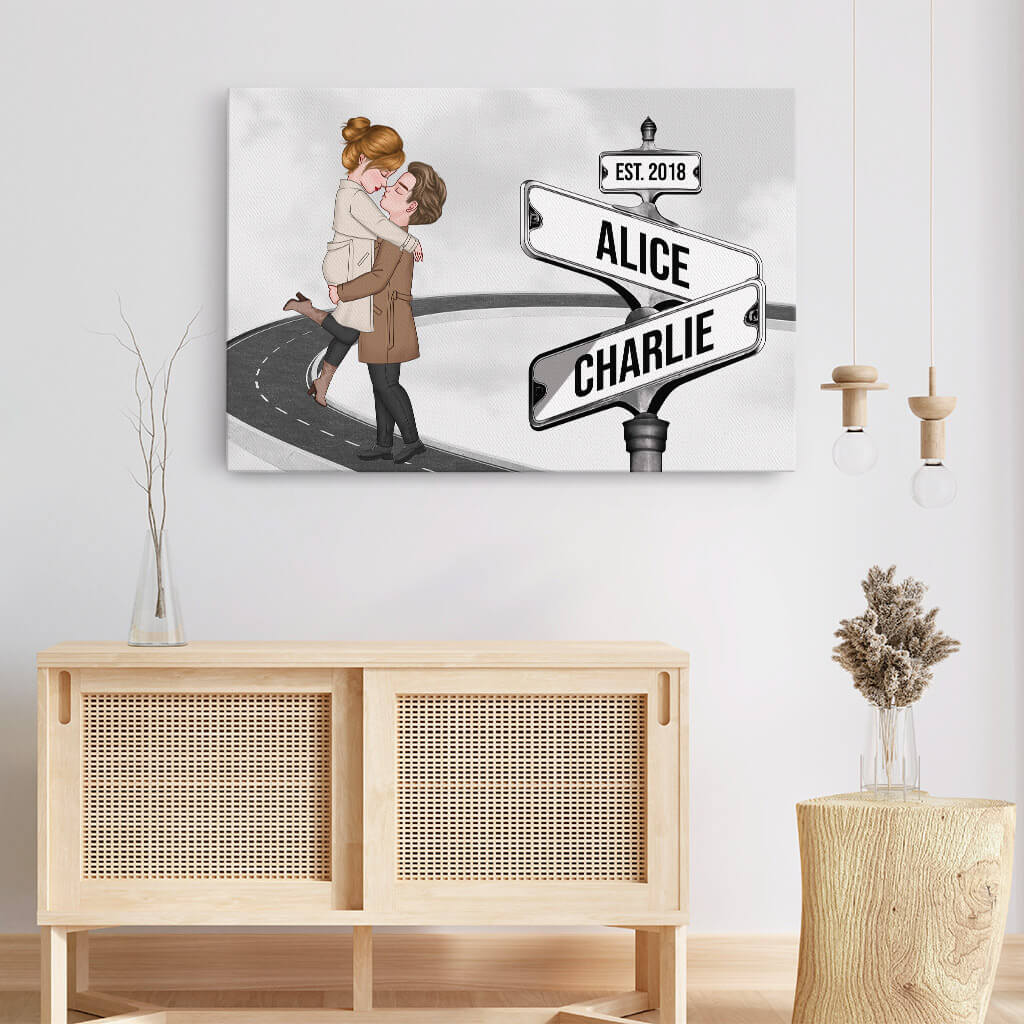 3699CUK3 vintage street sign couple kissing canvas personalised presents for couples