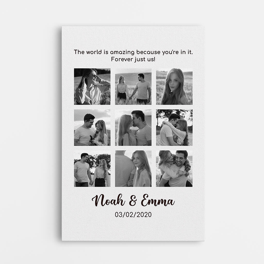 3707CUK1 the world is amazing because youre in it personalised photo collage canvas in black white for couple