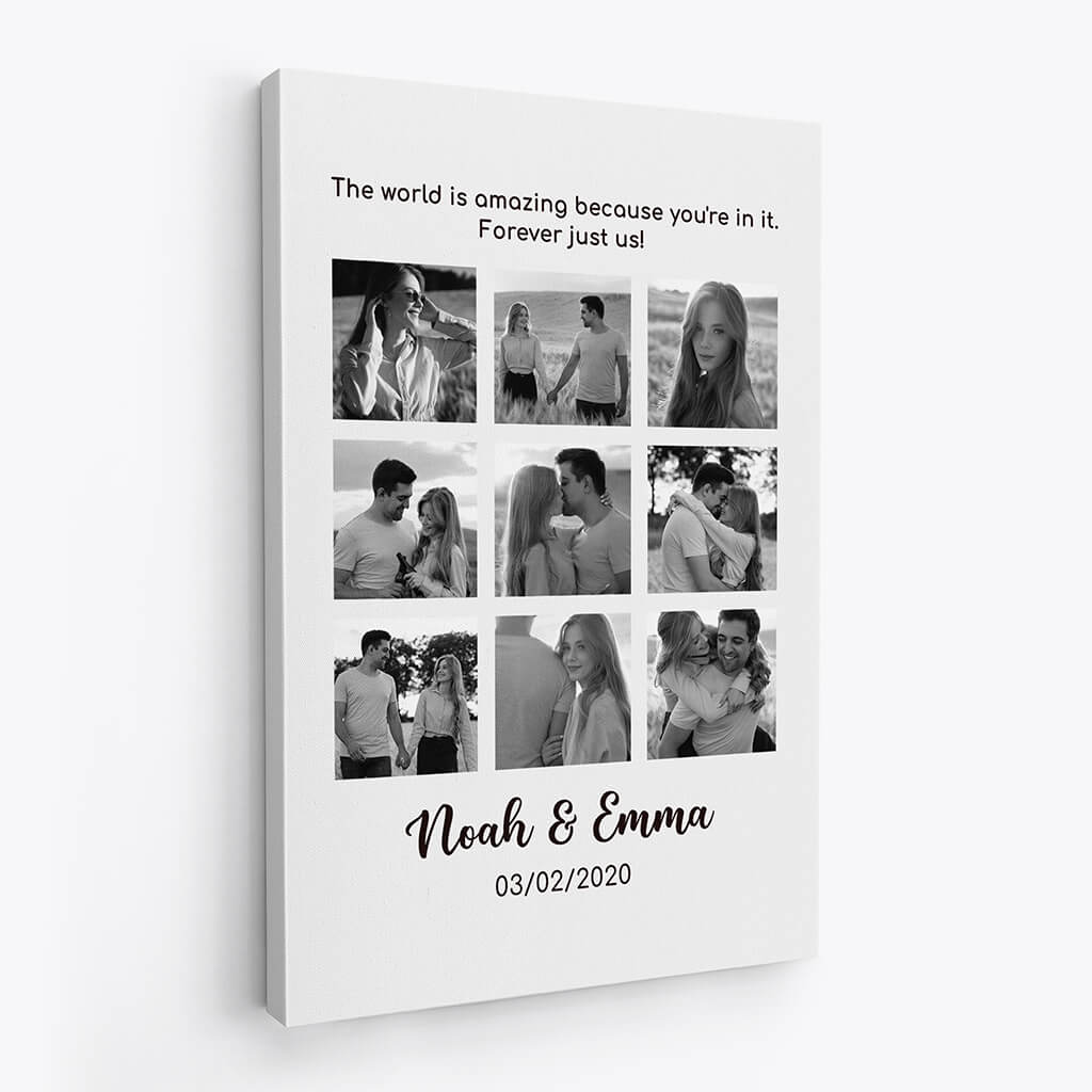 3707CUK2 the world is amazing because youre in it personalised photo collage canvas in black white for couple