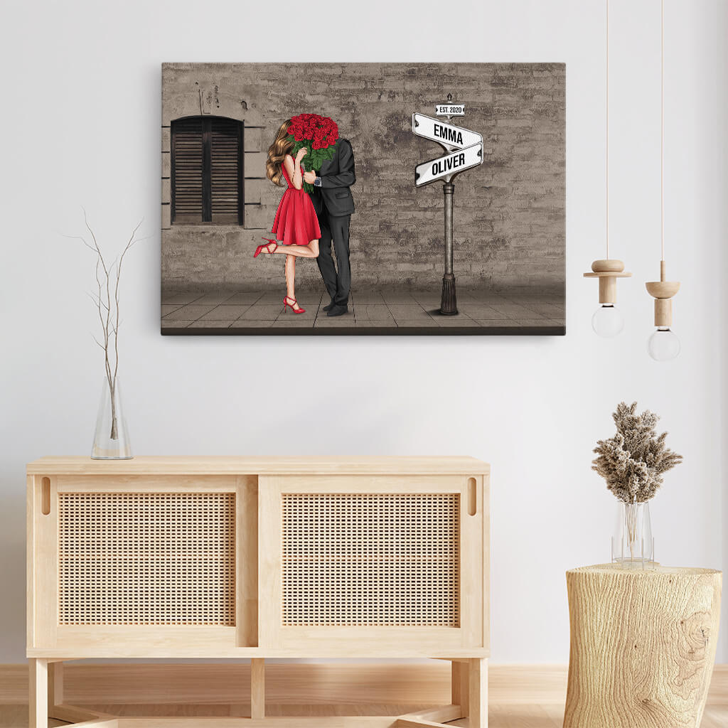 3729CUK3 vintage street sign kissing couple canvas personalised presents for couple