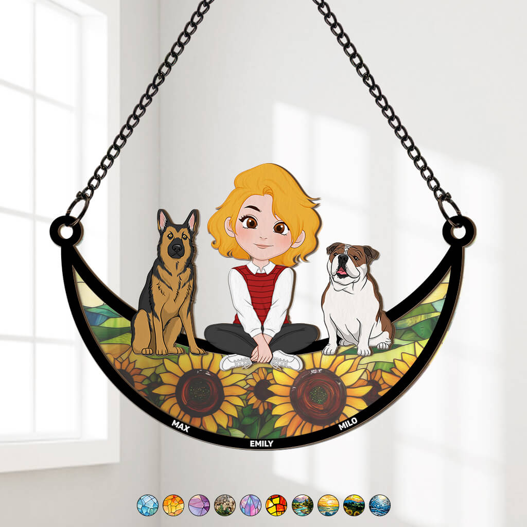 3795UUS1 girl and dog sitting on the moon personalized window hanging suncatcher ornament gifts for dog lovers 3795U5H0C