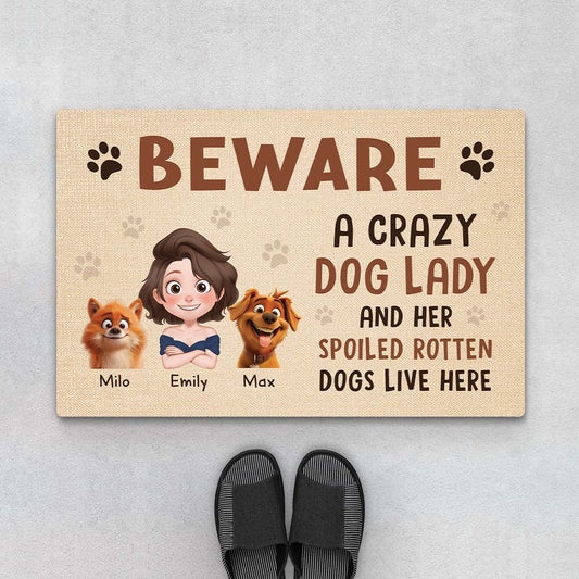 3882DUK1 Personalised Beware A Crazy Dog Lady Doormat for Dog Mum 3882D8H0C
