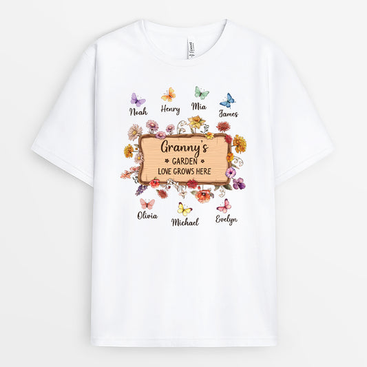 5056AUK1 personalised grannys garden love grows here t shirt for grandmamum_ 5056a8laa