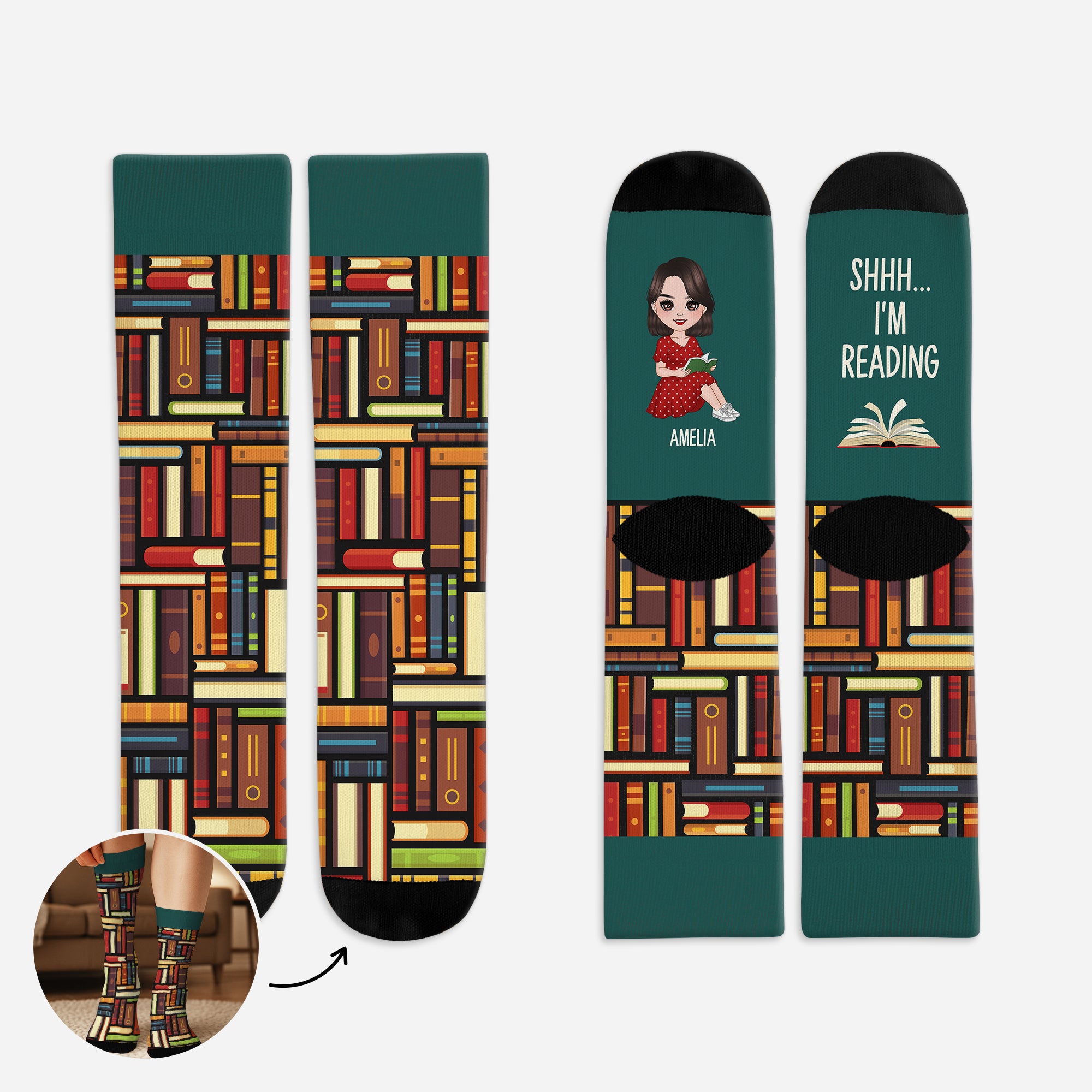 5298JUS1 personalized gifts for book lovers shhh im reading socks 5298J8NNA
