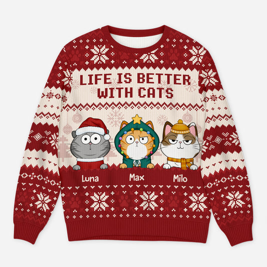 5652WUK1 personalized ugly christmas sweater life is better with cats 5652WKZND