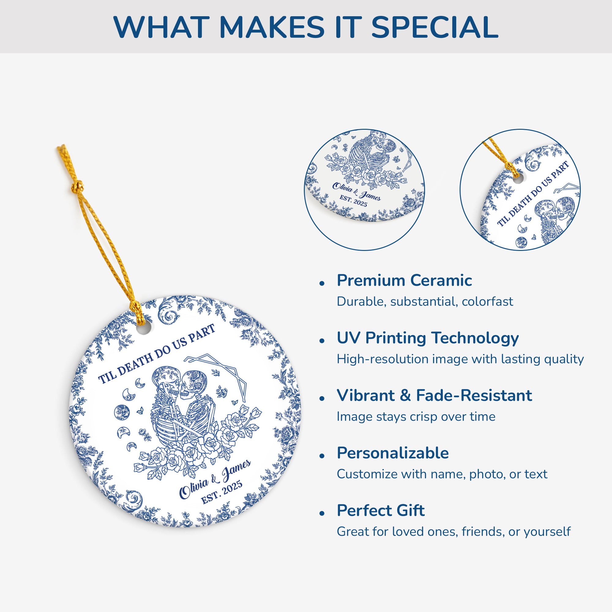 5739OUS4 custom couple gifts til death do us part ceramic toile christmas ornaments 5739O6UNG