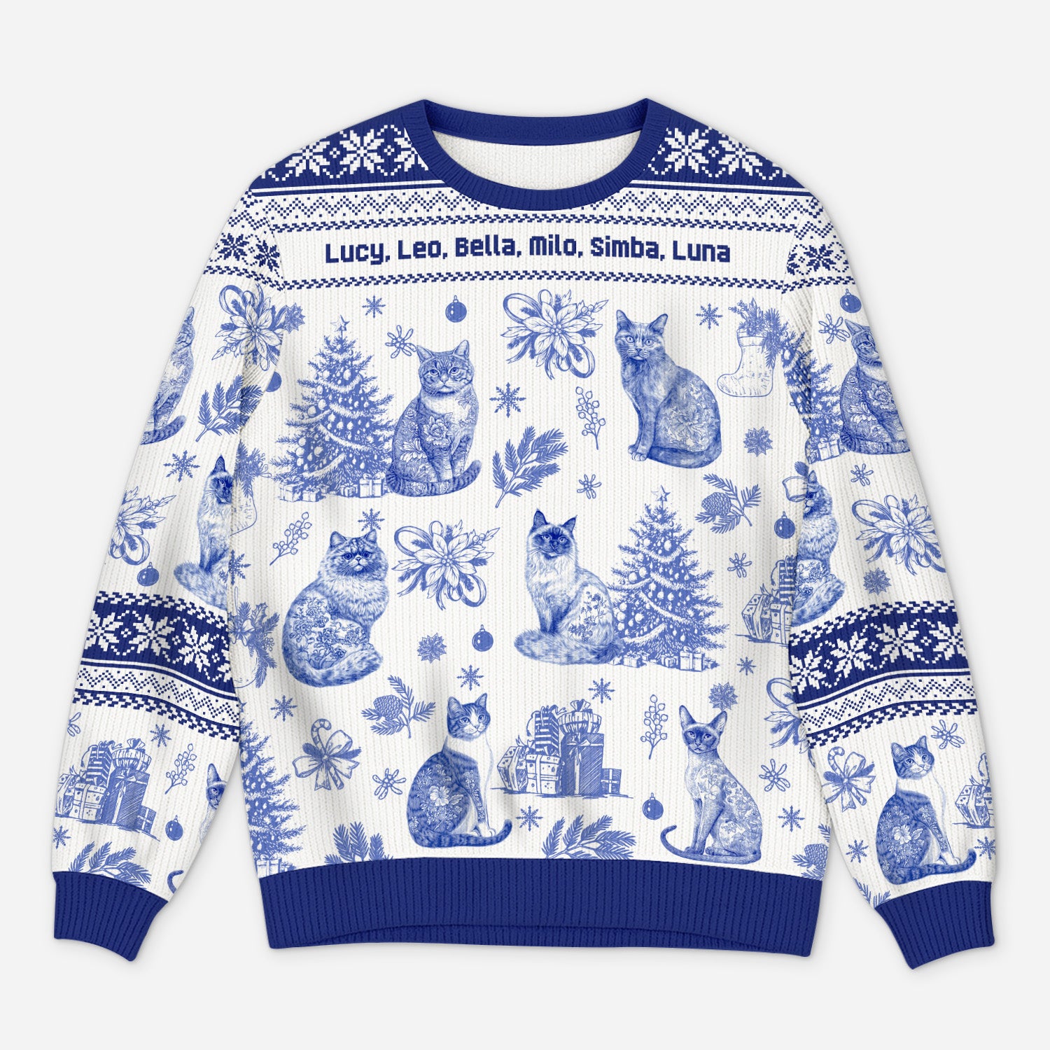 5799WUS1 personalized cat gifts blue toile ugly christmas sweater 5799WTMMD
