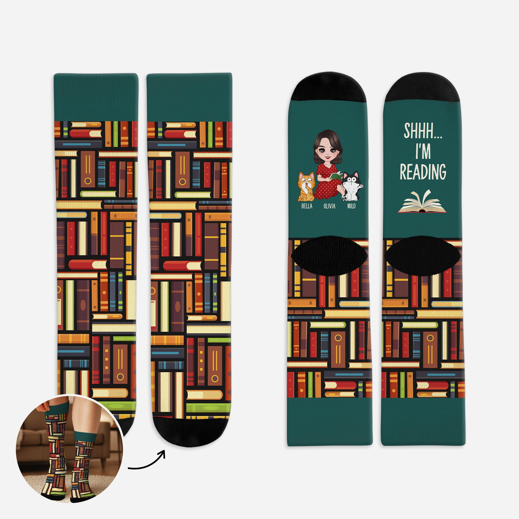 6034JUS1 shhh im reading socks personalized gifts for cat lovers 6034J8LND