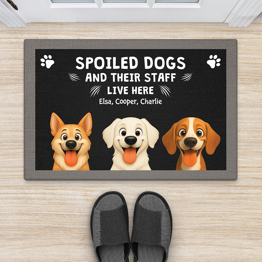 6047DUS2 funny spoiled dogs live here doormat custom gifts for dog lovers 6047DTL5C